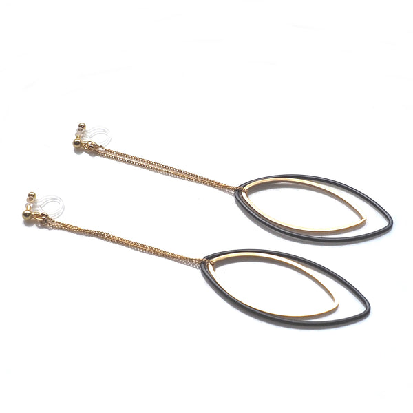Long gold and black oval hoop invisible clip on earrings - Miyabi Grace