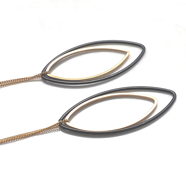 Long gold and black oval hoop invisible clip on earrings - Miyabi Grace