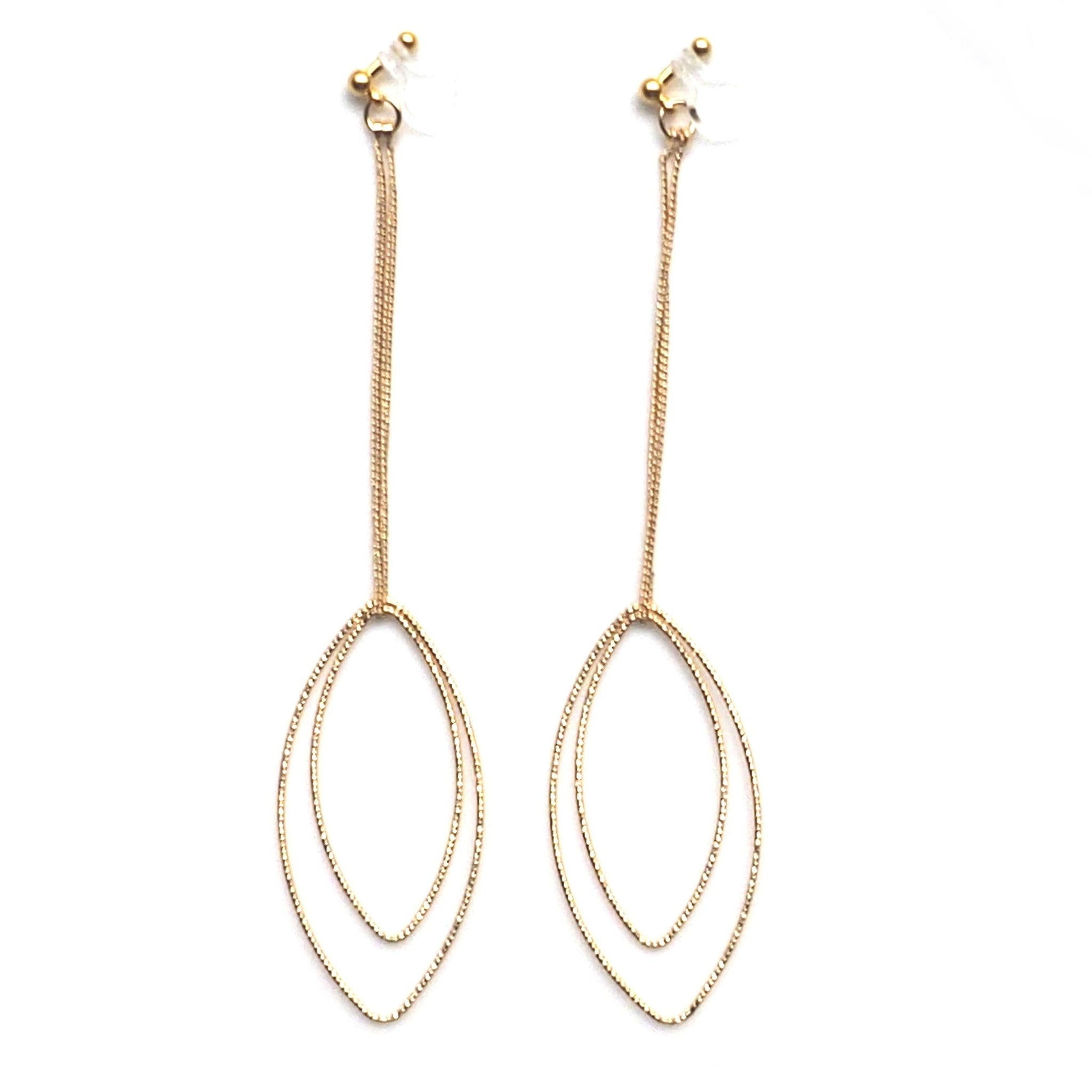 Dangle gold double textured marquise hoop invisible clip on earrings - Miyabi Grace