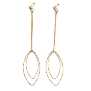 Dangle gold double textured marquise hoop invisible clip on earrings - Miyabi Grace