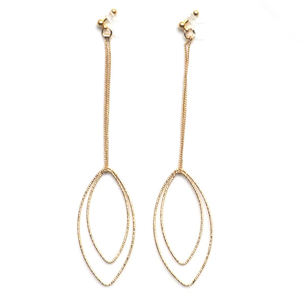 Dangle gold double textured marquise hoop invisible clip on earrings - Miyabi Grace