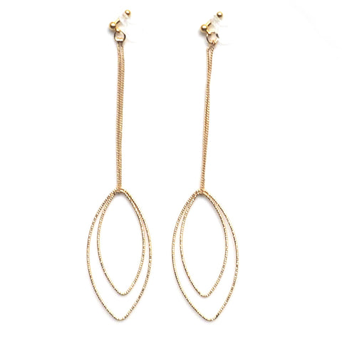 Dangle gold double textured marquise hoop invisible clip on earrings - Miyabi Grace