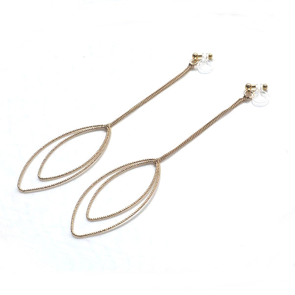Dangle gold double textured marquise hoop invisible clip on earrings - Miyabi Grace