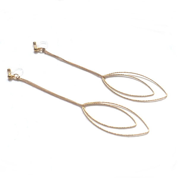 Dangle gold double textured marquise hoop invisible clip on earrings - Miyabi Grace