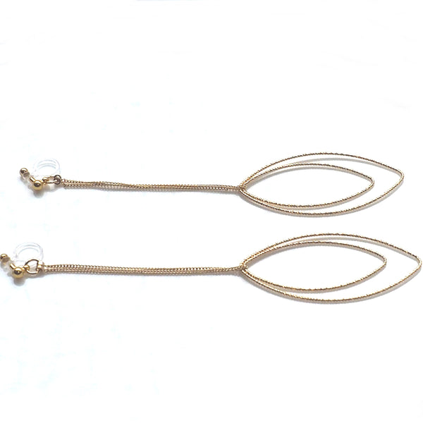 Dangle gold double textured marquise hoop invisible clip on earrings - Miyabi Grace