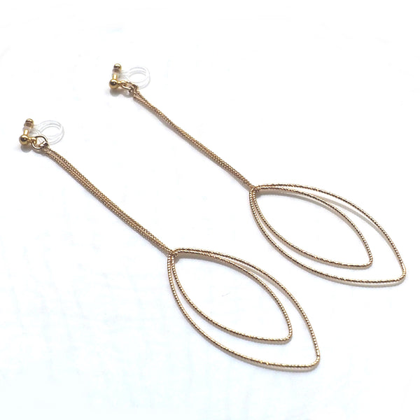 Dangle gold double textured marquise hoop invisible clip on earrings - Miyabi Grace