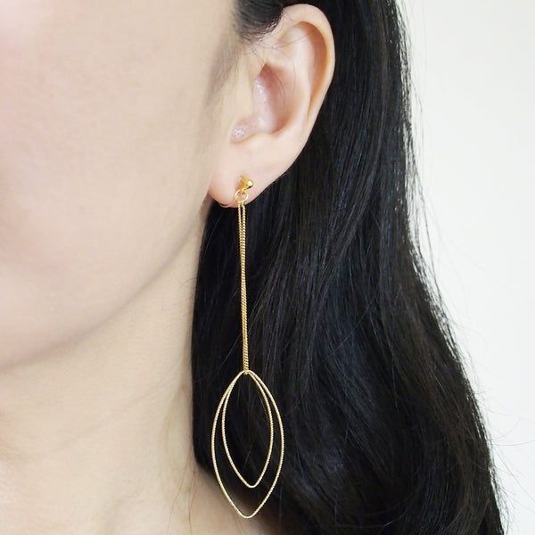Dangle gold double textured marquise hoop invisible clip on earrings - Miyabi Grace