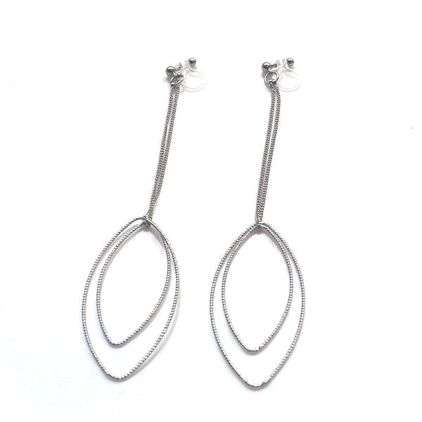 Dangle silver double textured marquise hoop invisible clip on earrings - Miyabi Grace
