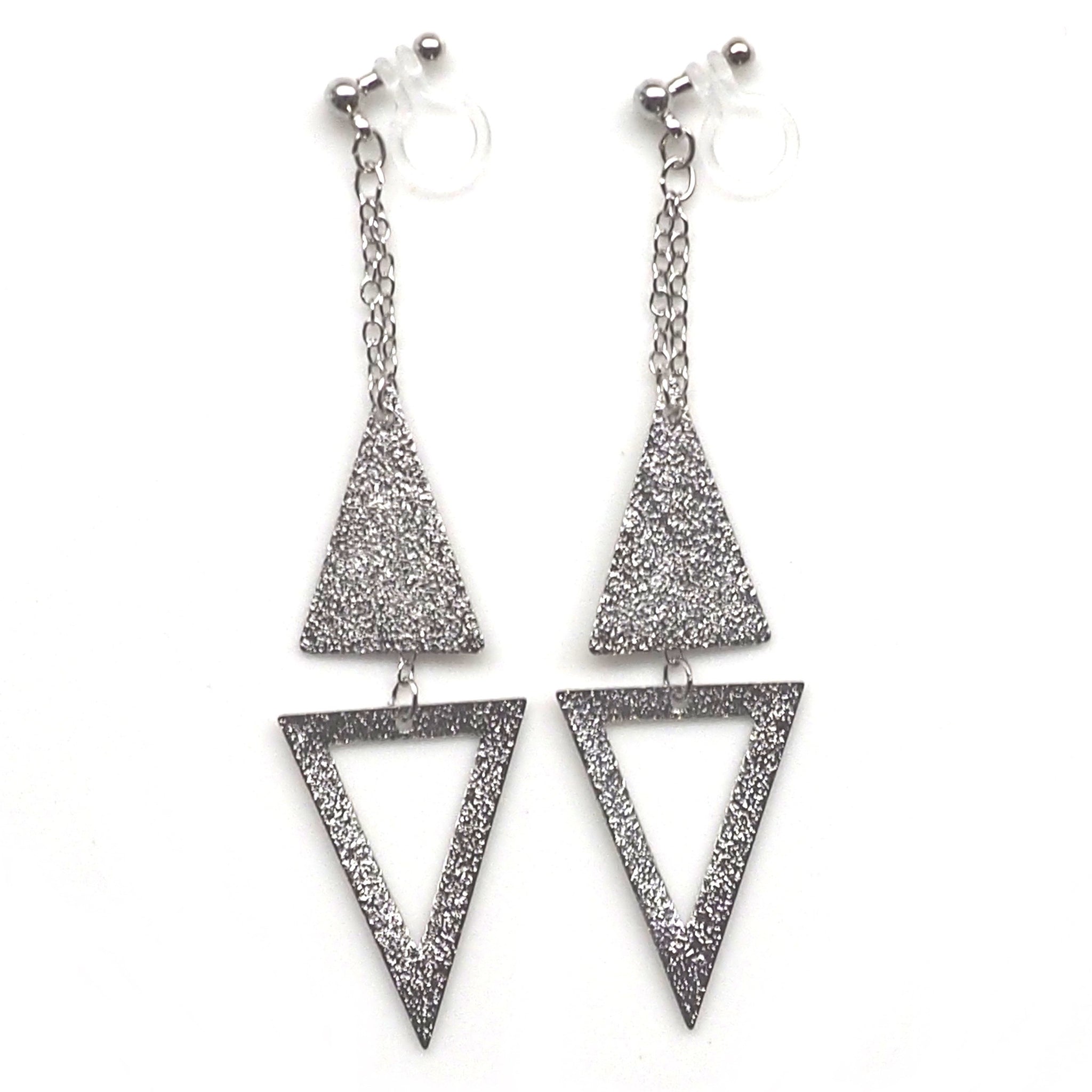 Metallic silver double triangle invisible clip on earrings - Miyabi Grace