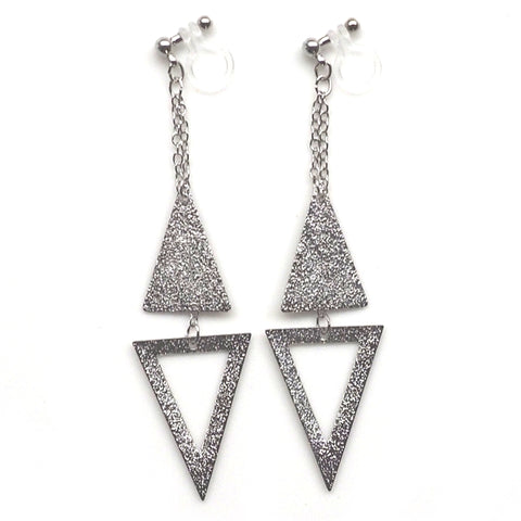 Metallic silver double triangle invisible clip on earrings - Miyabi Grace