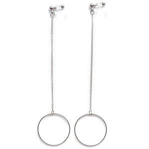 Dangle long silver hoop invisible clip on earrings - Miyabi Grace