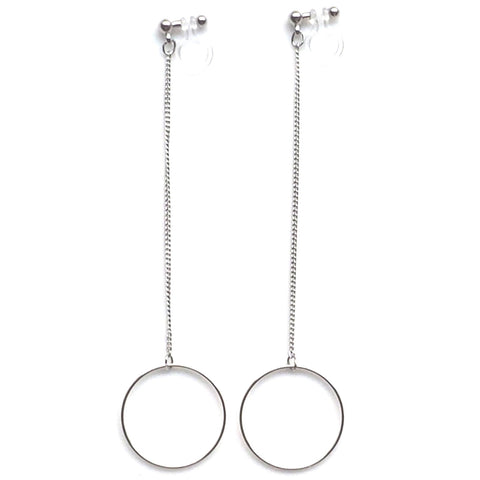 Dangle long silver hoop invisible clip on earrings - Miyabi Grace