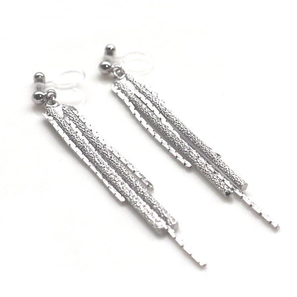Long silver metallic chain invisible clip on earrings - Miyabi Grace
