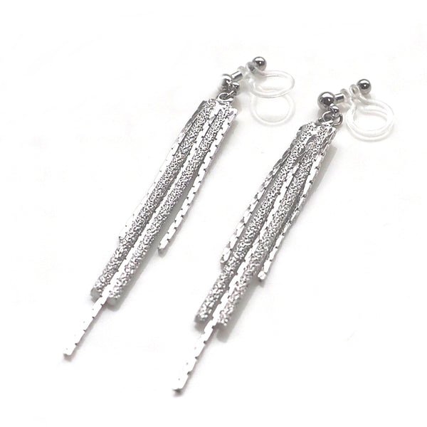 Long silver metallic chain invisible clip on earrings - Miyabi Grace