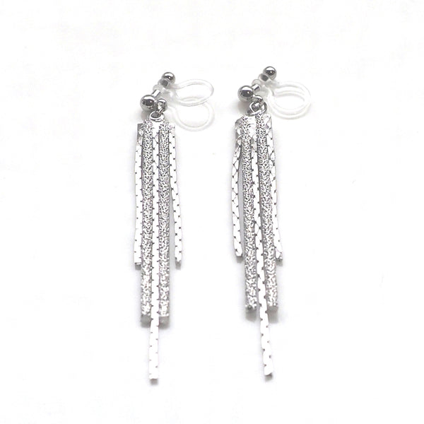 Long silver metallic chain invisible clip on earrings - Miyabi Grace