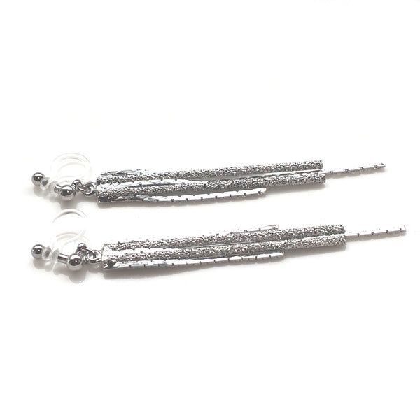 Long silver metallic chain invisible clip on earrings - Miyabi Grace
