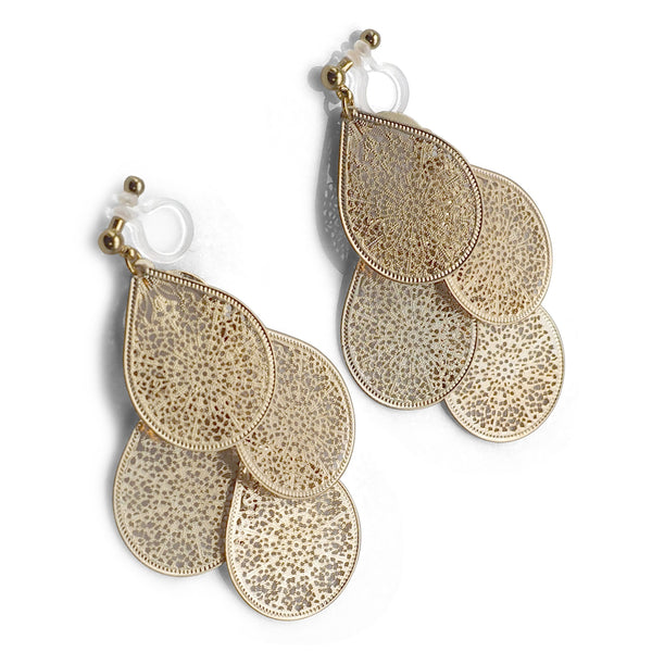 Dangle gold filigree invisible clip on earrings - Miyabi Grace