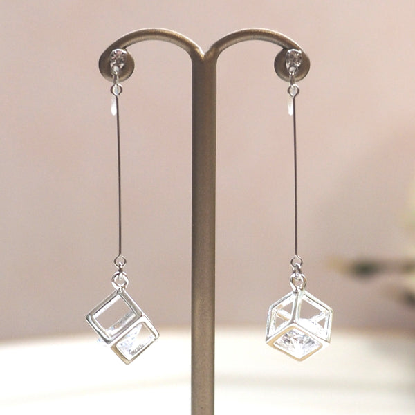 Cubic zirconia crystal in silver cube invisible clip on earrings - Miyabi Grace
