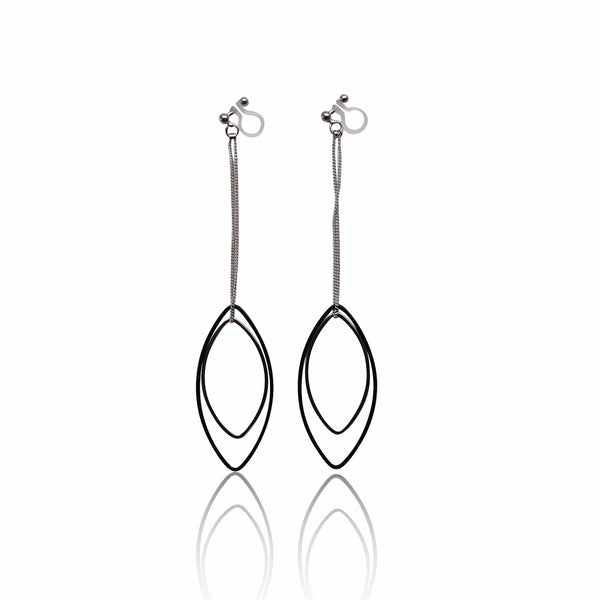 Long silver and black oval hoop invisible clip on earrings - Miyabi Grace