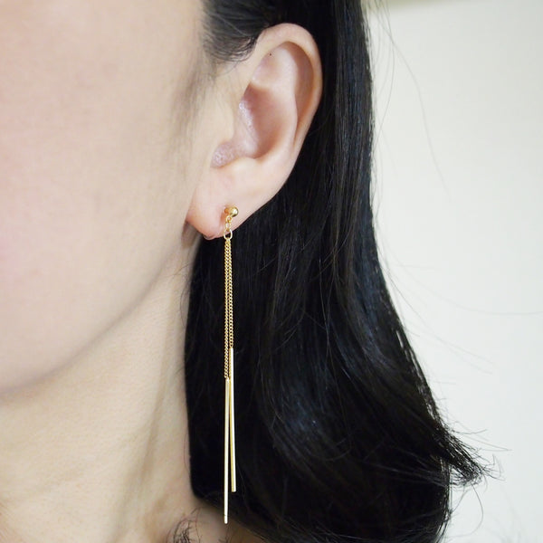 Long gold bar invisible clip on earrings - Miyabi Grace