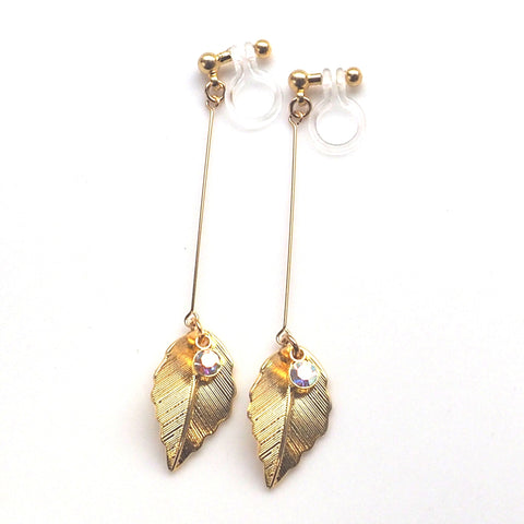 Dangle gold leaf invisible clip on earrings - Miyabi Grace