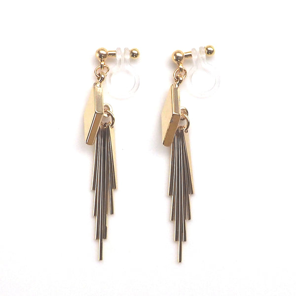 Gold diamond shape with fringe invisible clip on earrings - Miyabi Grace