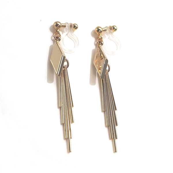 Gold diamond shape with fringe invisible clip on earrings - Miyabi Grace