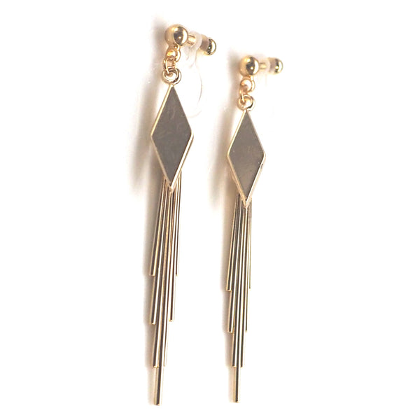 Gold diamond shape with fringe invisible clip on earrings - Miyabi Grace