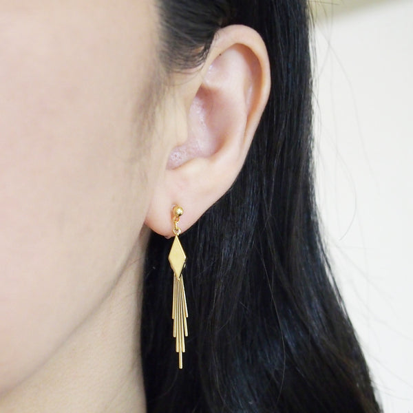 Gold diamond shape with fringe invisible clip on earrings - Miyabi Grace