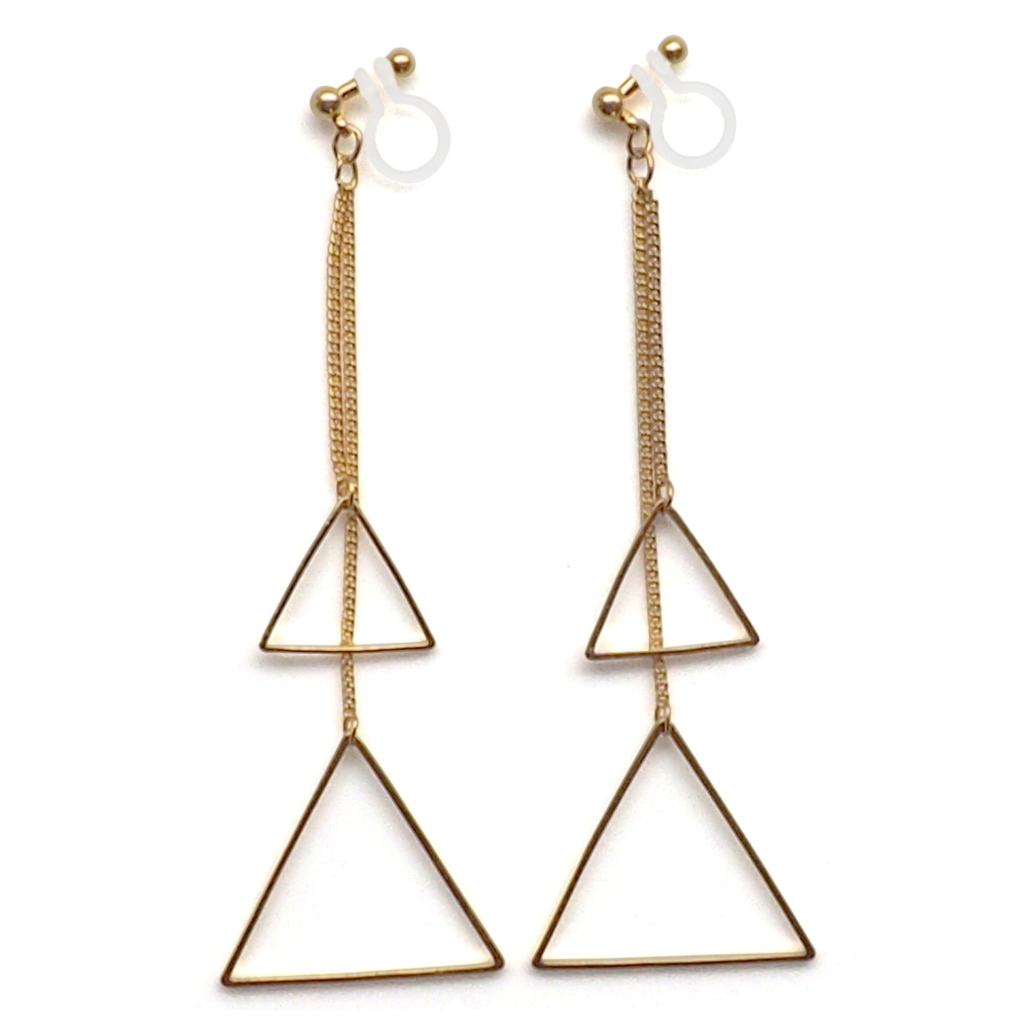 Dangle gold double triangle invisible clip on earrings - Miyabi Grace