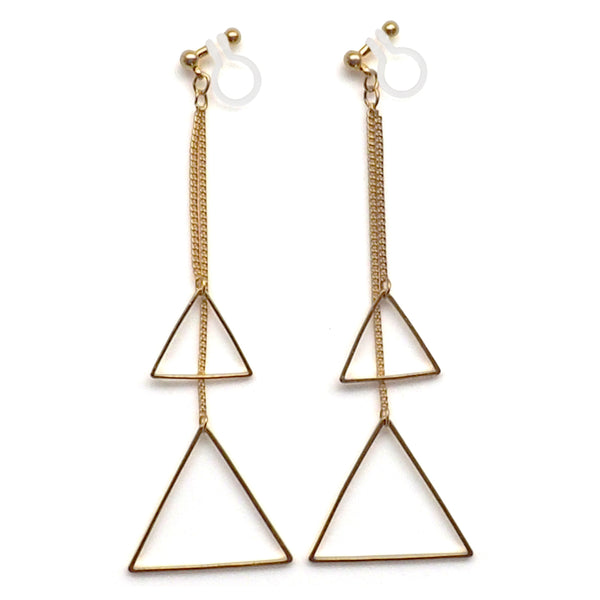 Dangle gold double triangle invisible clip on earrings - Miyabi Grace