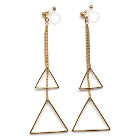 Dangle gold double triangle invisible clip on earrings - Miyabi Grace