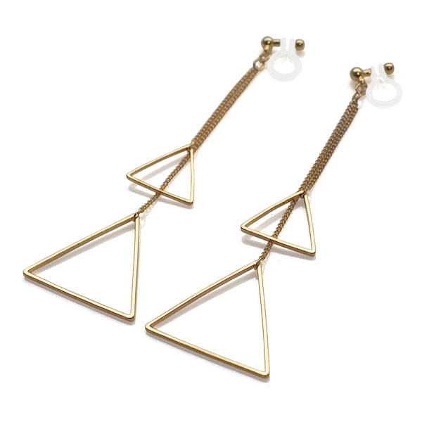 Dangle gold double triangle invisible clip on earrings - Miyabi Grace