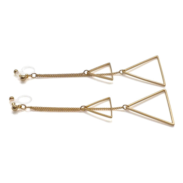 Dangle gold double triangle invisible clip on earrings - Miyabi Grace