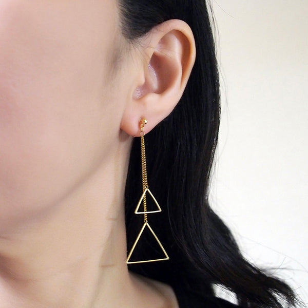 Dangle gold double triangle invisible clip on earrings - Miyabi Grace