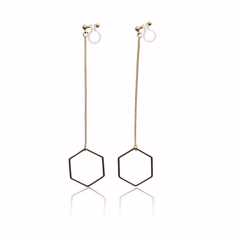 Dangle long gold hexagon invisible clip on earrings - Miyabi Grace