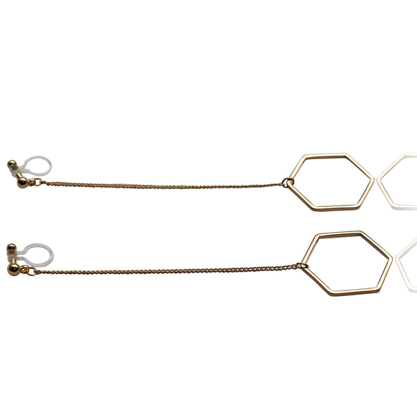 Dangle long gold hexagon invisible clip on earrings - Miyabi Grace