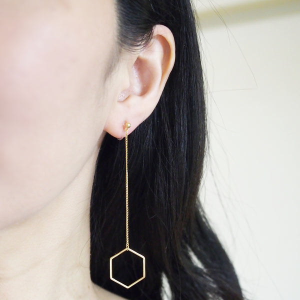 Dangle long gold hexagon invisible clip on earrings - Miyabi Grace