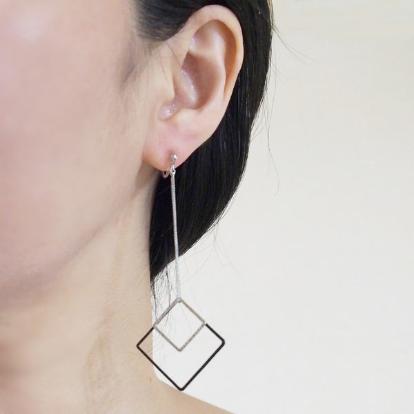 Long silver and black square metal invisible clip on earrings - Miyabi Grace
