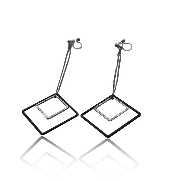 Long silver and black square metal invisible clip on earrings - Miyabi Grace