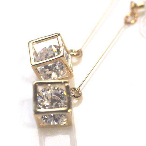 Cubic zirconia crystal in gold cube invisible clip on earrings - Miyabi Grace
