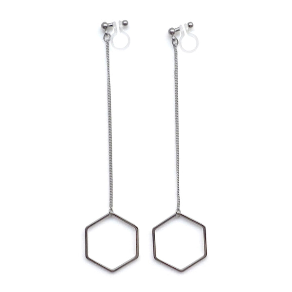 Dangle long silver hexagon invisible clip on earrings - Miyabi Grace