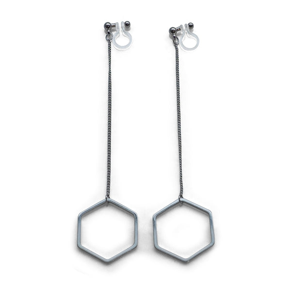 Dangle long silver hexagon invisible clip on earrings - Miyabi Grace