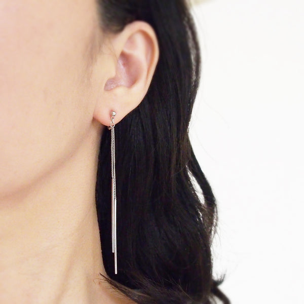 Long silver bar invisible clip on earrings - Miyabi Grace