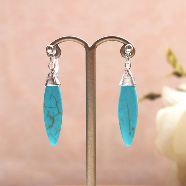 Blue turquoise bar invisible clip on earrings - Miyabi Grace