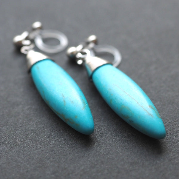 Blue turquoise bar invisible clip on earrings - Miyabi Grace