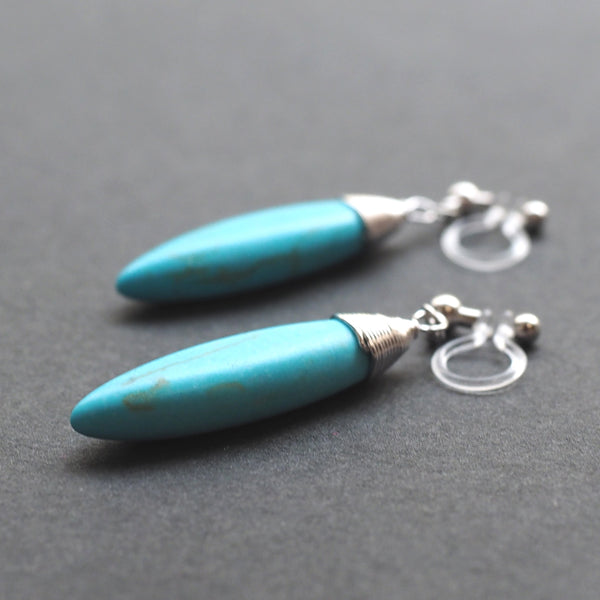 Blue turquoise bar invisible clip on earrings - Miyabi Grace