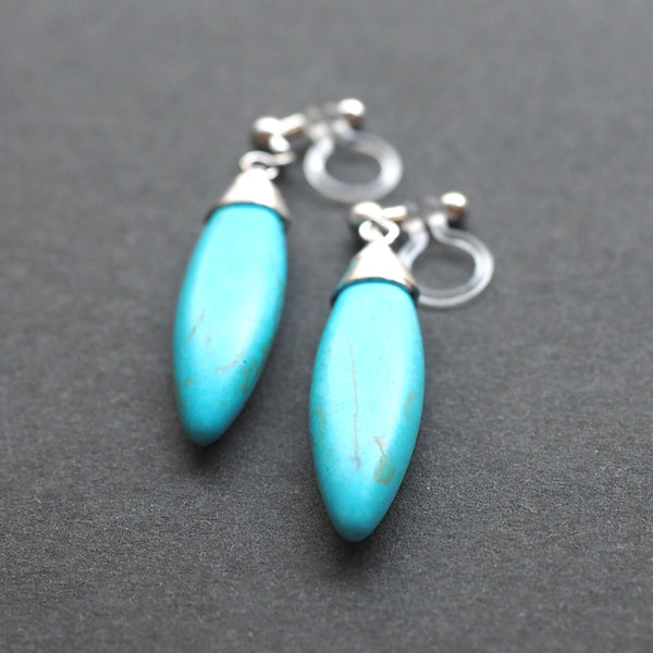 Blue turquoise bar invisible clip on earrings - Miyabi Grace