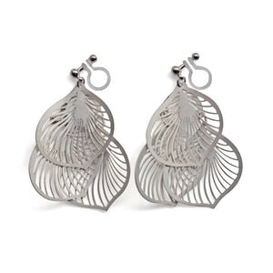 Dangle silver three leaf filigree invisible clip on earrings - Miyabi Grace