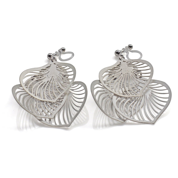 Dangle silver three leaf filigree invisible clip on earrings - Miyabi Grace